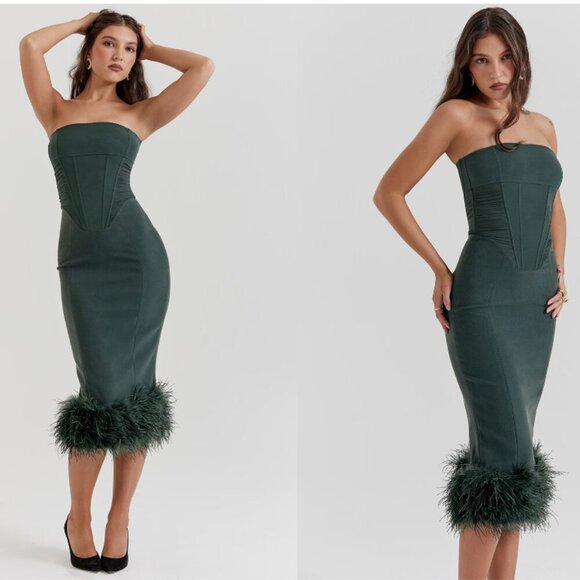 House of CB Dresses & Skirts - House of CB‎ Fionula Emerald Green Strapless Corset Midi Dress feather NWOT sz L